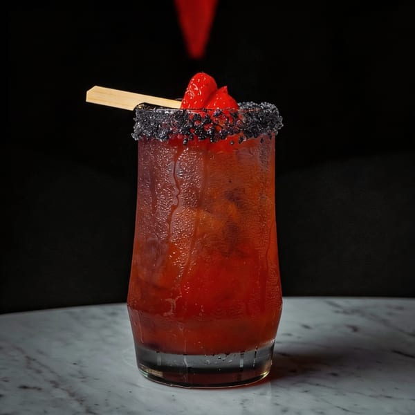 A vibrant red cocktail with a black sugar rim, garnished with strawberries and a wooden pick.