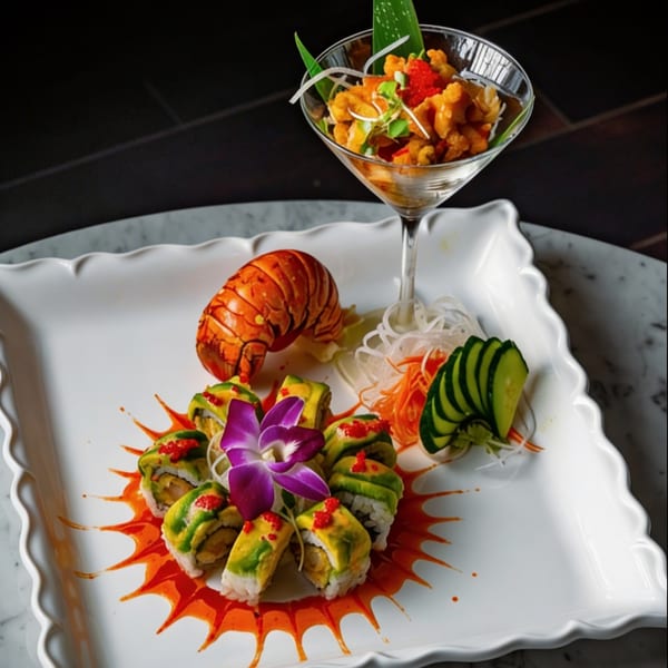 Neveyah Sushi and Thai's lobster tail, avocado sushi rolls, and a martini glass with fried shrimp.